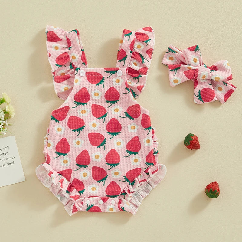 Summer Infant Baby Girls Bodysuit and Headband Flower Print Fly Sleeve Jumpsuit Casual Clothes