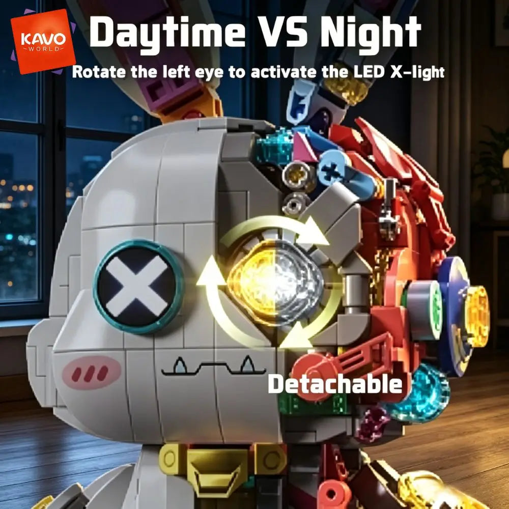 KAVOWORLD 1377PCS Robot Rabbit Building Blocks Set LED Light Up Multi-Point Rotatable Detachable Base DIY Cyberpunk Mecha Building Rabbit Bricks Kit Mechanical Bunny Construction Toy for Home Office Desk Decor Christmas Birth