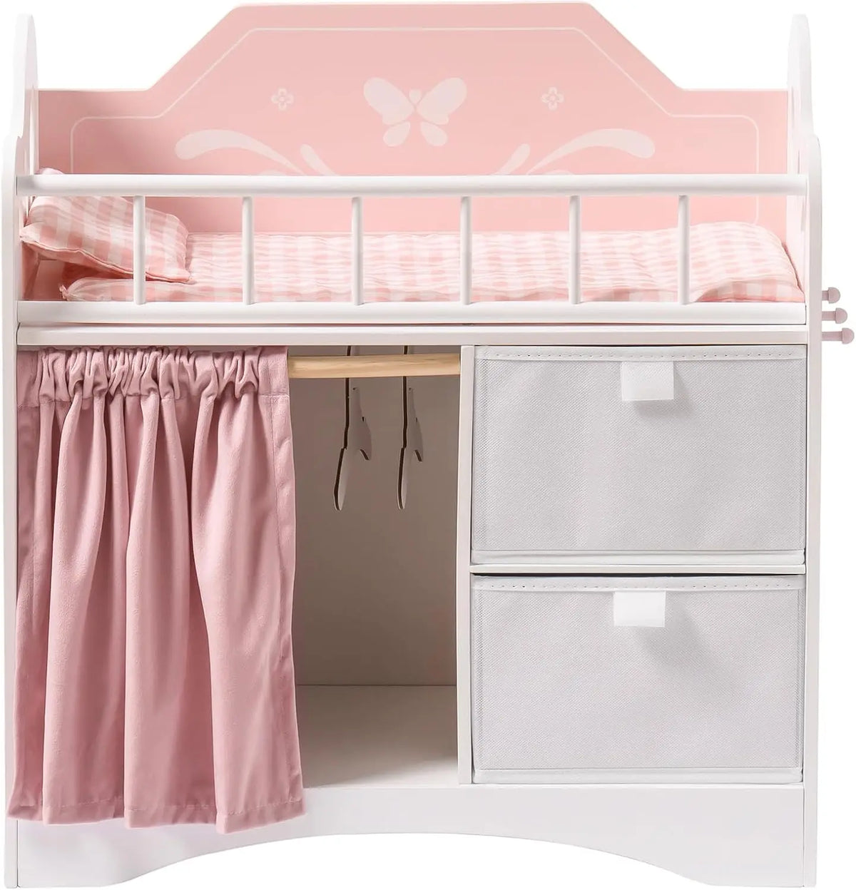 Baby Doll Crib Wooden Toy Baby Crib with Storage Bedding Wooden Hooks Doll Crib Fits Dolls up to 21" for Girls 3+ Pink