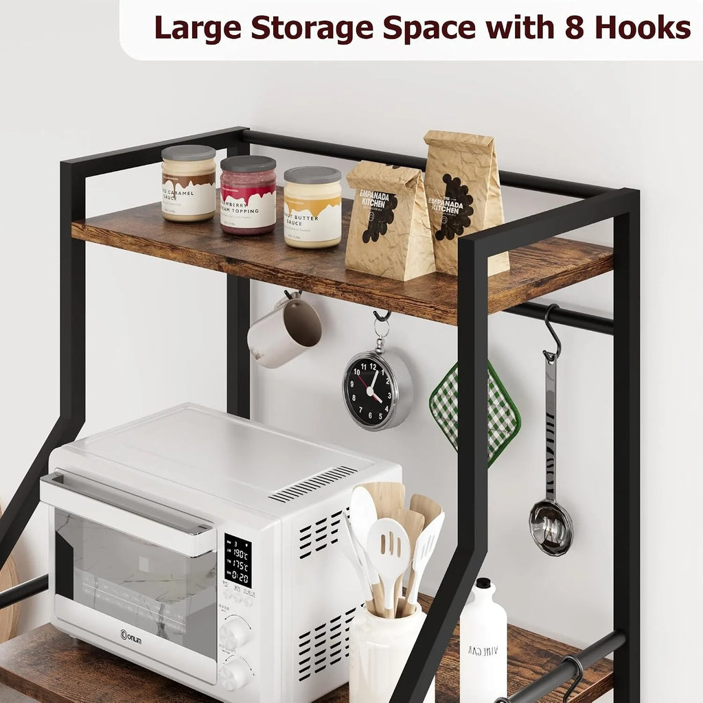 5 Tier Kitchen Bakers Rack with Microwave Stand Coffee Bar Station Freestanding Storage Shelf with Wire Baskets Hooks Industrial Style Organizer for Kitchen Apartment Pantry