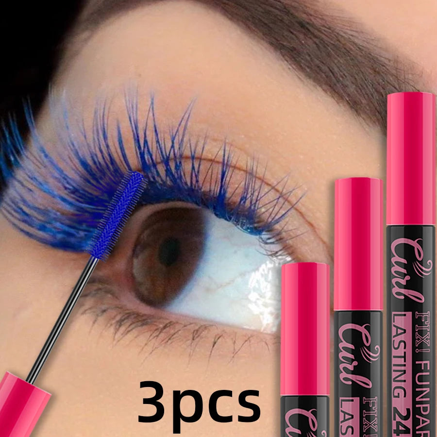 3pcs Colorful 3D Eye Blue Green Purple Mascara Waterproof Lengthens Eyelashes Extension Silk Fiber Mascare Long Lasting Eye Makeup for Women Cosmetic