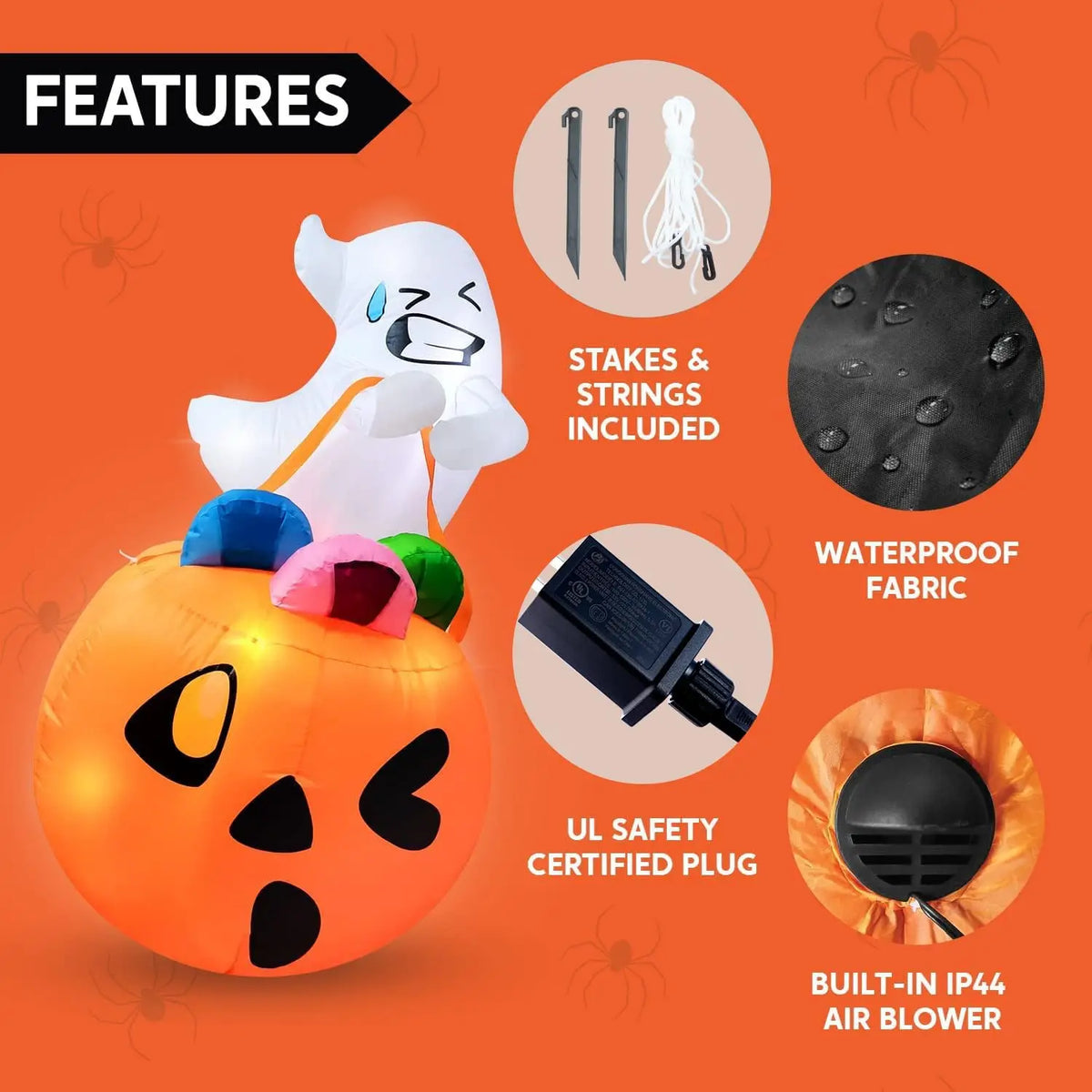 Halloween 5 ft Inflatable Ghost with Pumpkin Candy Bag, Built-In LEDs