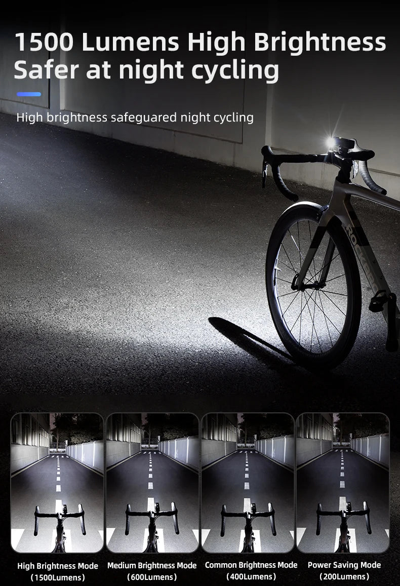ROCKBROS Bike Light 1500LM 5000mAh Bicycle Lights IPX6 Aluminum Type-C Rechargeable Smart Brightness Sense Adjust Cycling Lamp