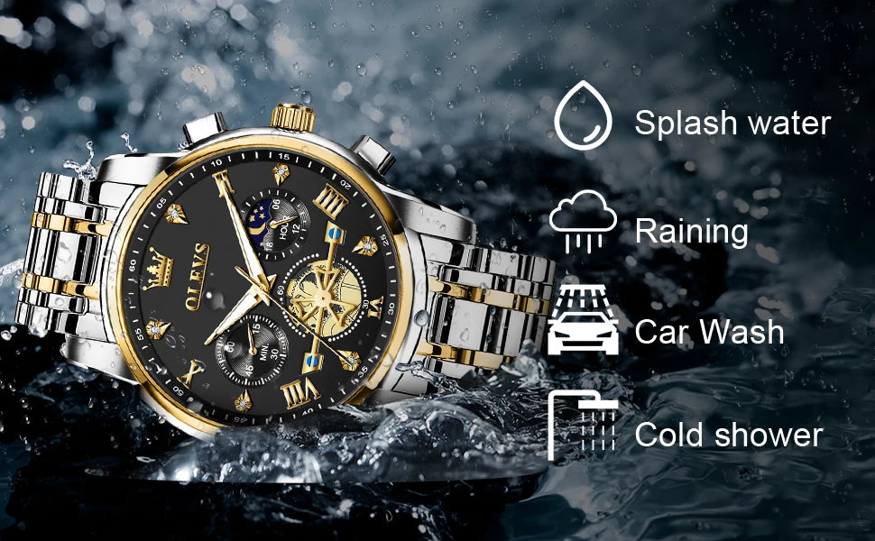 OLEVS Men's Skeleton Chronograph Watch with Moon Phase, Stainless Steel Quartz Wristwatch