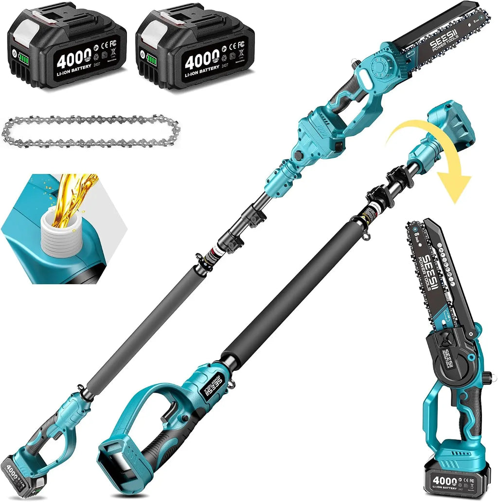 Polesaw High Branch Saw Cordless 8'' Electric Chainsaw with 3M Extension Pole for Tree Trimming Limb Cutter Pruner