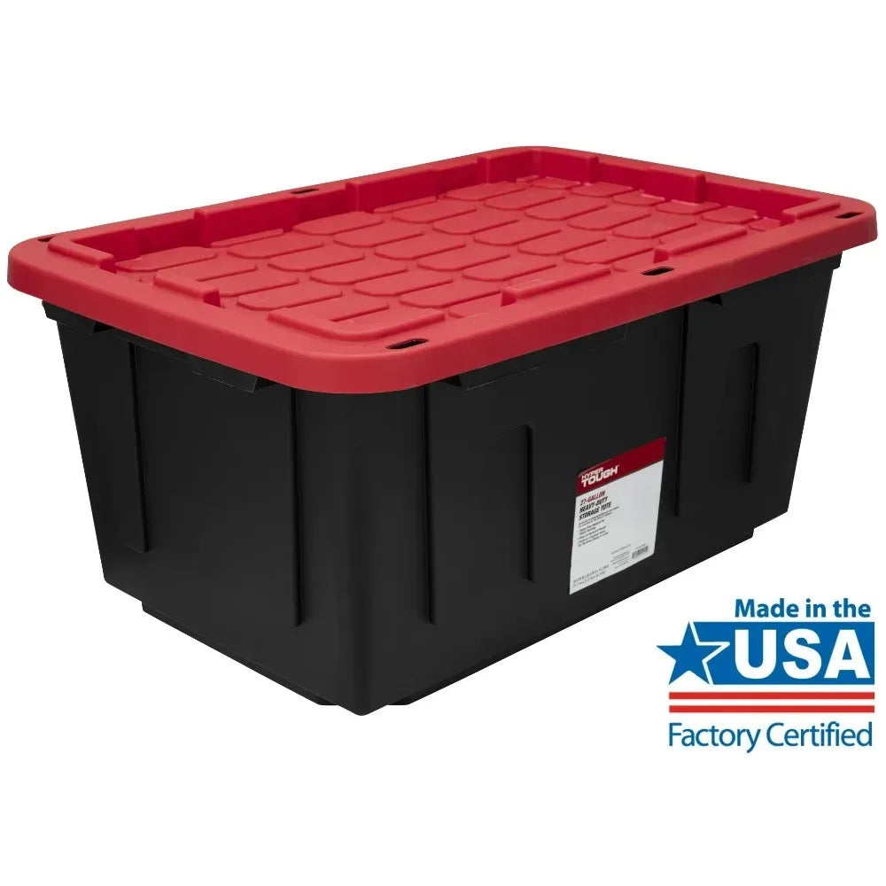 (6 pack/ 4pack) Large Storage Bin, 27 Gallon Plastic Storage Container with Snap-On Lid, Black and Red
