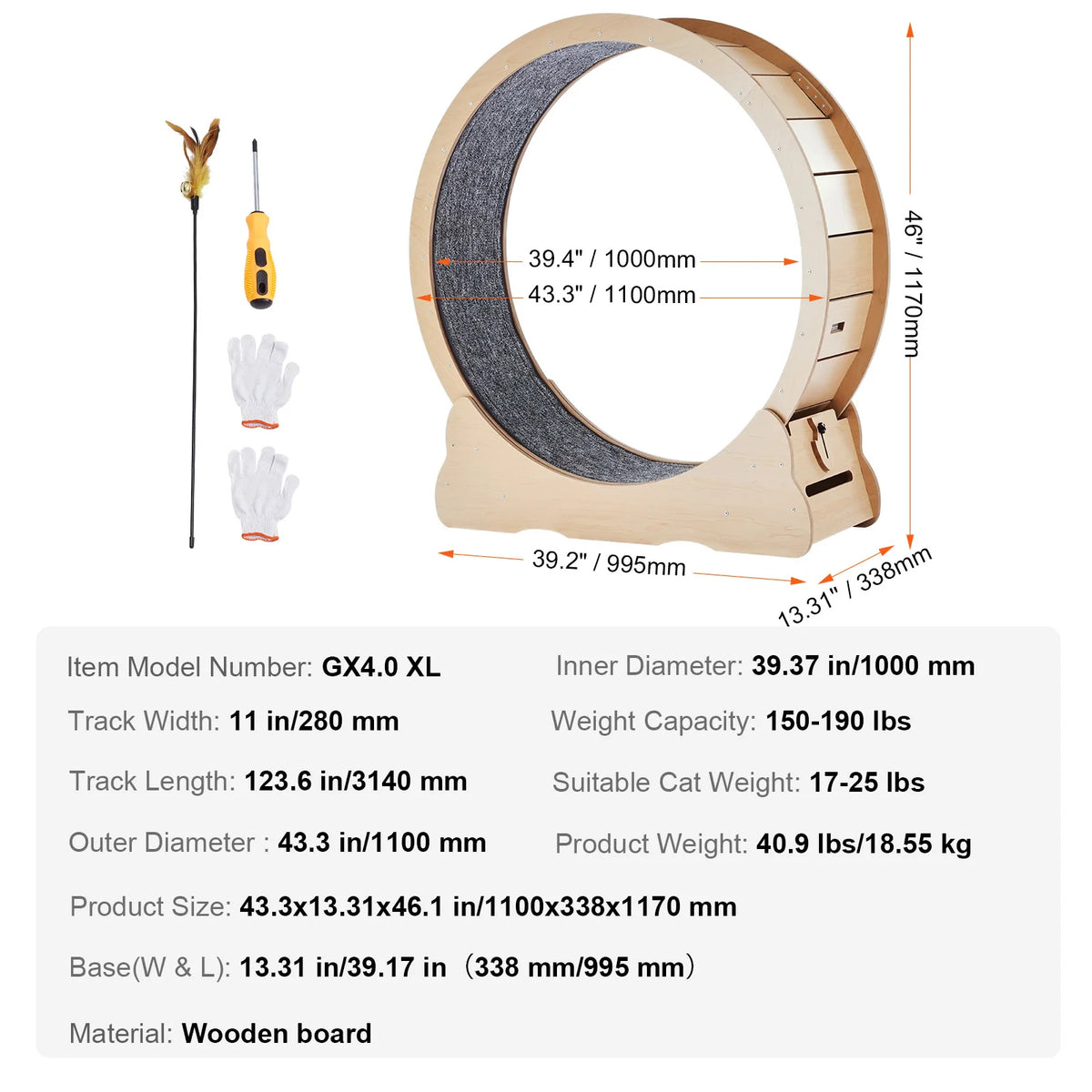 SucceBuy Wooden Cat Exercise Wheel, Large Cat Treadmill with Detachable Carpet and Cat Teaser