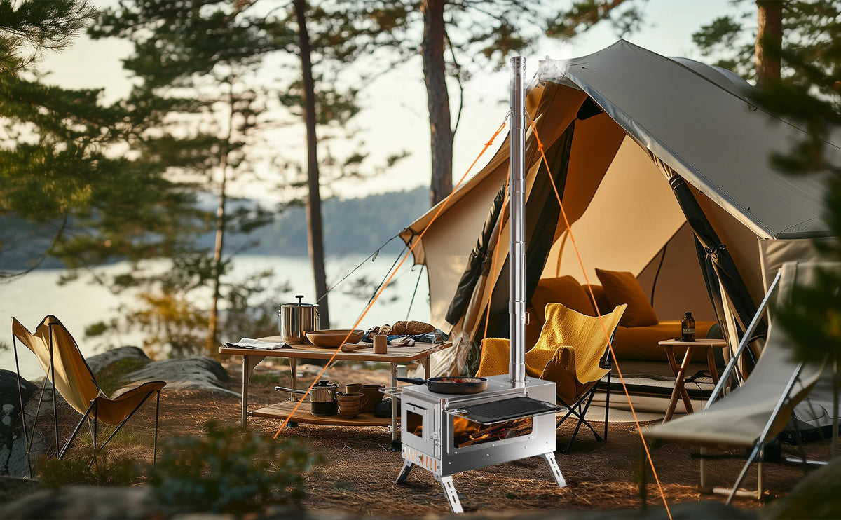 Hot Tent Stove, Wood Burning Stove, Portable Wood Stove with 6 Stainless Chimney Pipes for Outdoor Heating & Cooking