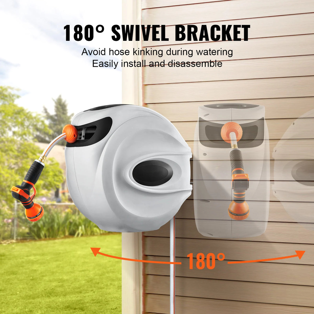 Retractable Hose Reel1/2 inch 180° Swivel Bracket Wall-Mounted Garden Water Hose Reel with 9-Pattern Nozzle and 3 Fast