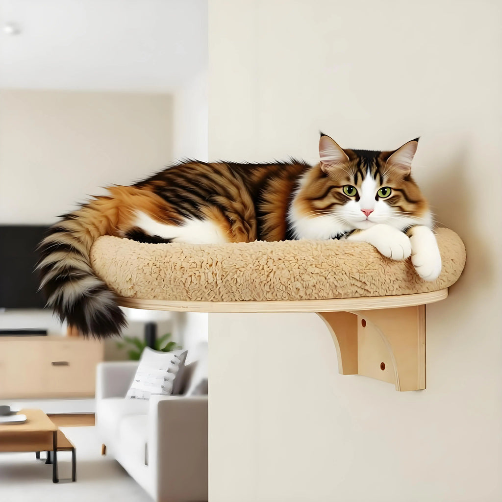 Wall-Mounted Wooden Cat Climbing Ladder with Hammock and Scratching Post