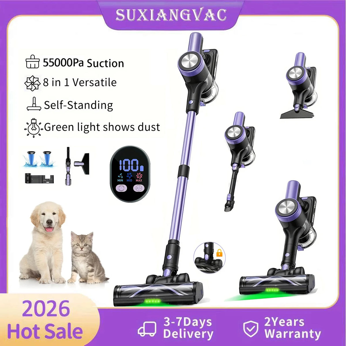 500W/55KPA Self-Standing Cordless Vacuum Cleaner,60 Mins Handheld Vacuum Cleaners,Smart LED Screen Vacuum for Rug/Fur