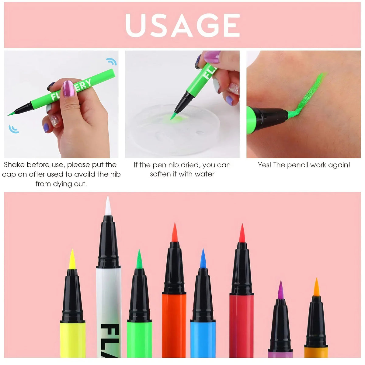 8-color fluorescent color UV eyeliner, waterproof and sweat-proof face paint pen,Halloween matte glowing neon liquid eyeliner