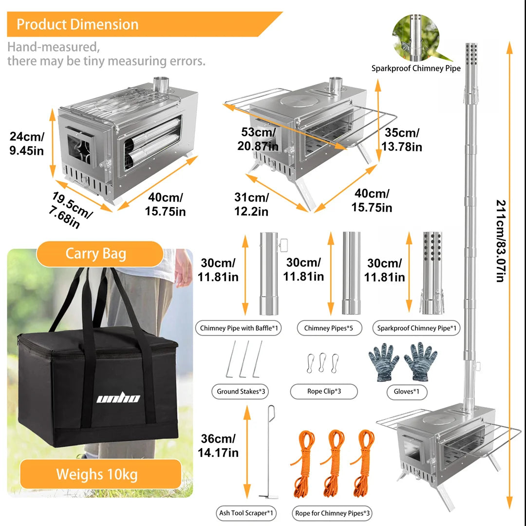 Hot Tent Stove, Wood Burning Stove, Portable Wood Stove with 6 Stainless Chimney Pipes for Outdoor Heating & Cooking