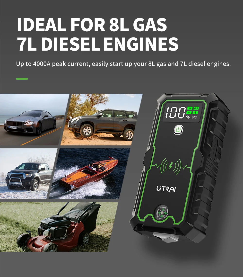 UTRAI Car Jump Starter 4000A Car Battery Starters 16000mAh Portable Power Bank 10W Wireless Charging Propulsion Booster For Car