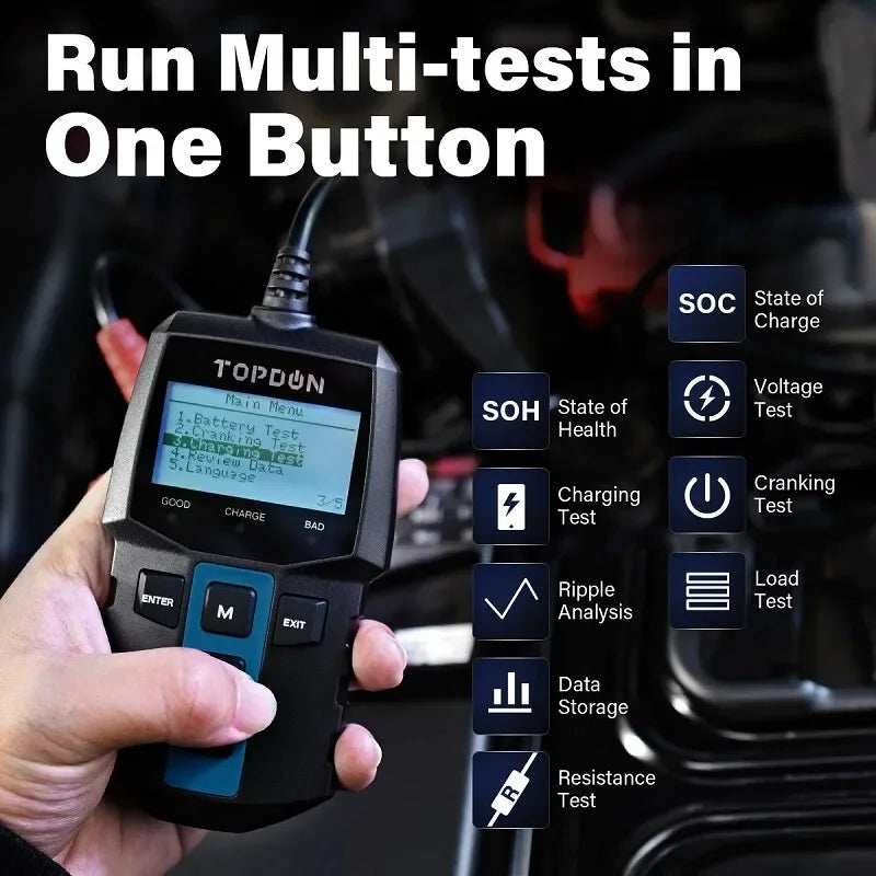 TOPDON BT100 12V Car Battery Tester Digital Automotive Diagnostic Battery Tester Analyzer Vehicle Cranking Charging Scanner Tool