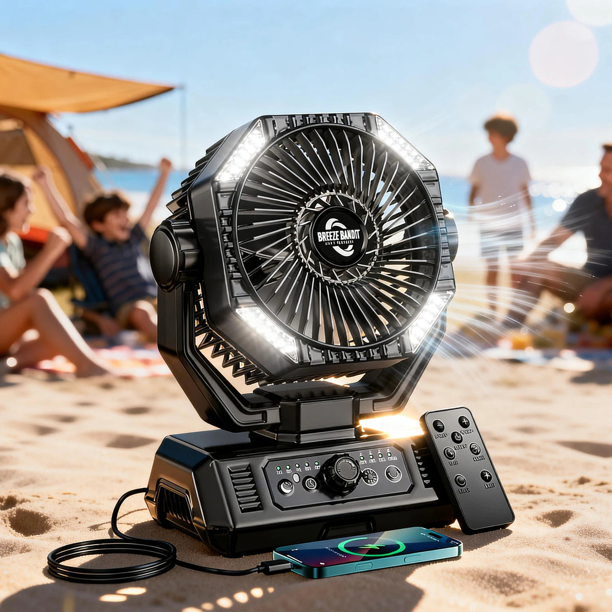 20000mAh Camping Fan with 4 LED Lights and Remote Control 8 Speed Adjustable Rechargeable Outdoor Fan for Tent Fishing