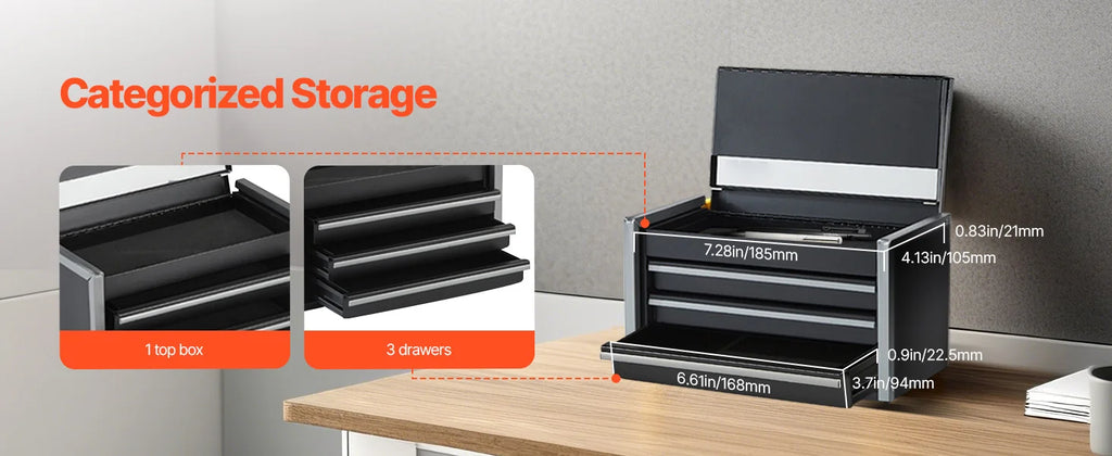 8.6in 3 Drawers Metal Tool Box Portable Tools Chest with Feet Pads & Ball Bearing Powder Coated Tool Storage for Garage