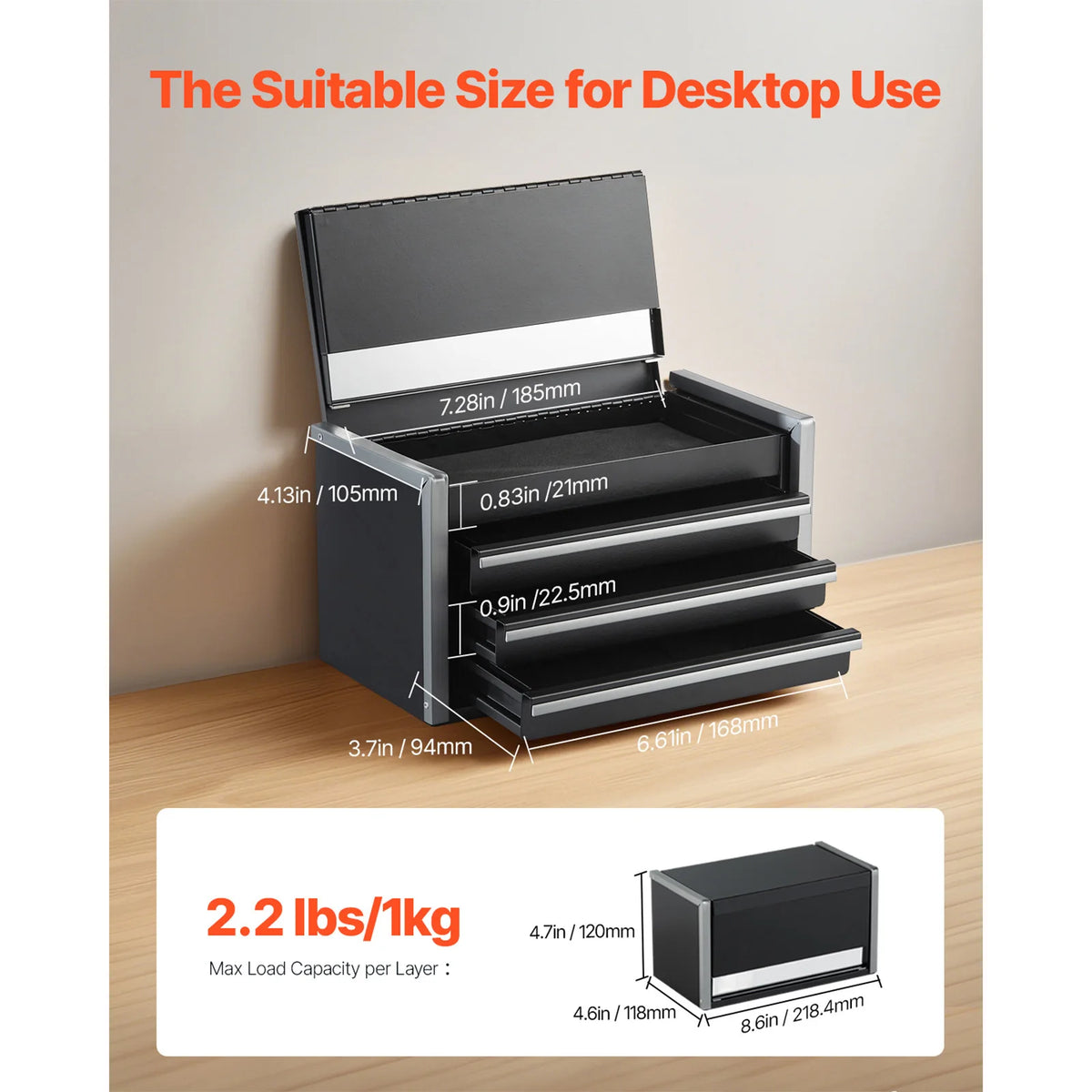 8.6in 3 Drawers Metal Tool Box Portable Tools Chest with Feet Pads & Ball Bearing Powder Coated Tool Storage for Garage