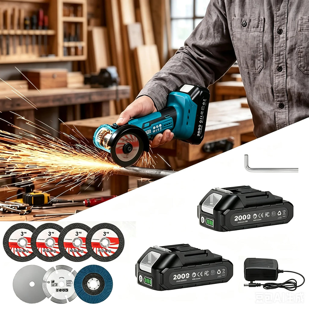 SEESII 3 Inch Brushless Angle Grinder 19000 RPM with 2pcs 21V 2.0Ah Batteries Cordless Mini Angle Grinder 7pcs Cutting Discs 210W Power Electric Grinder Tool for Metal Wood Polishing Rust Removal Repair Tool