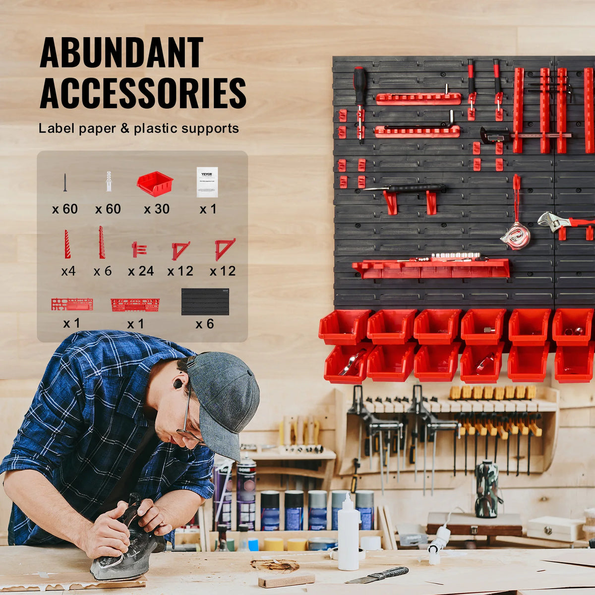 SucceBuy 30-Bin Wall-Mounted Parts Storage Rack with Hooks, Garage Organizer for Screws and Nails