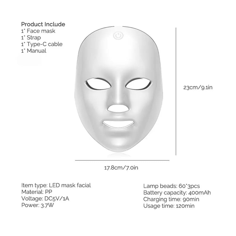 Wireless LED Face Mask with 7 Light Colors, Rechargeable Portable Facial Skincare Device