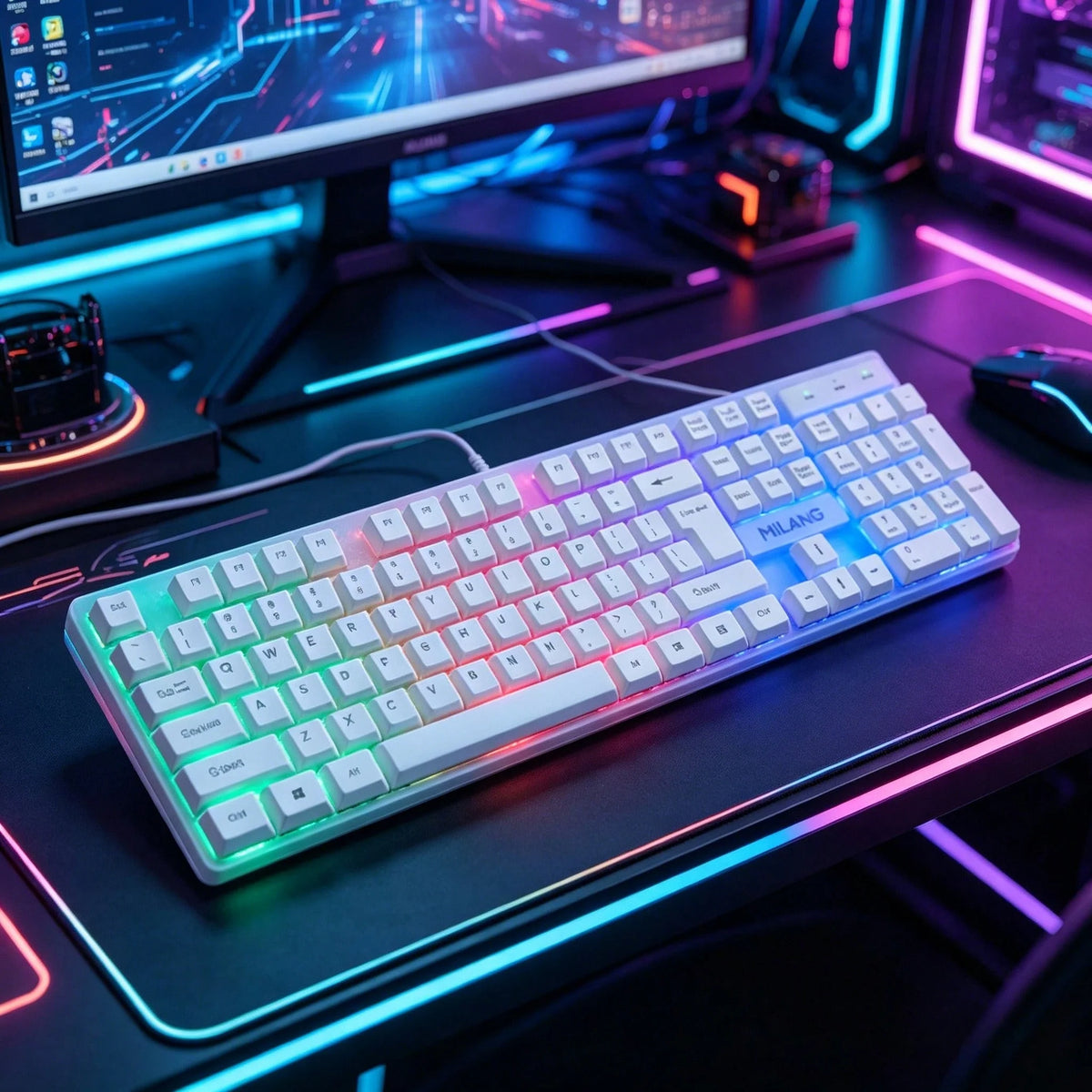 RGB Backlit Keyboard, Wired 104 Key Mechanical-Feel Keyboard, LED Lighting, Plug & Play for PC Gaming, Office Desk Accessories, Laptop & Home Use