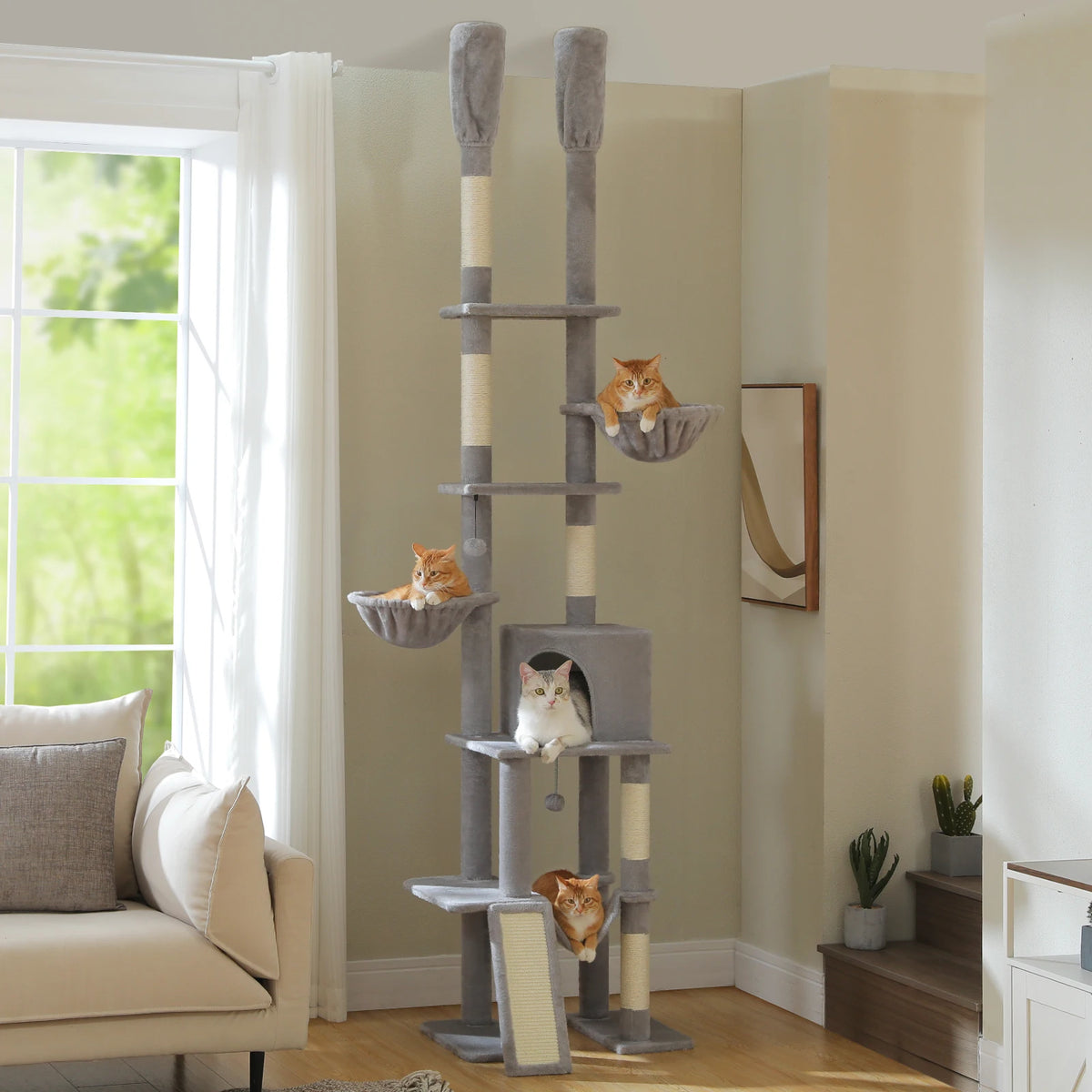 Cactus Cat Tree Floor to Ceiling Cat Tower 7 Tiers Cat Climbing Tree with Cozy Hammocks and Condos 5 Platforms Scratching Posts