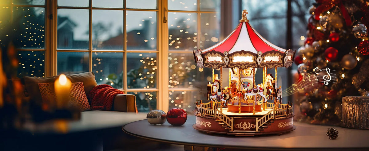Rolife DIY Music Box Mechanical Model Building Kit Classic Carousel 3D Puzzle Toy Craft Kit with LED Light for Home Decor Gift for Adults Friends