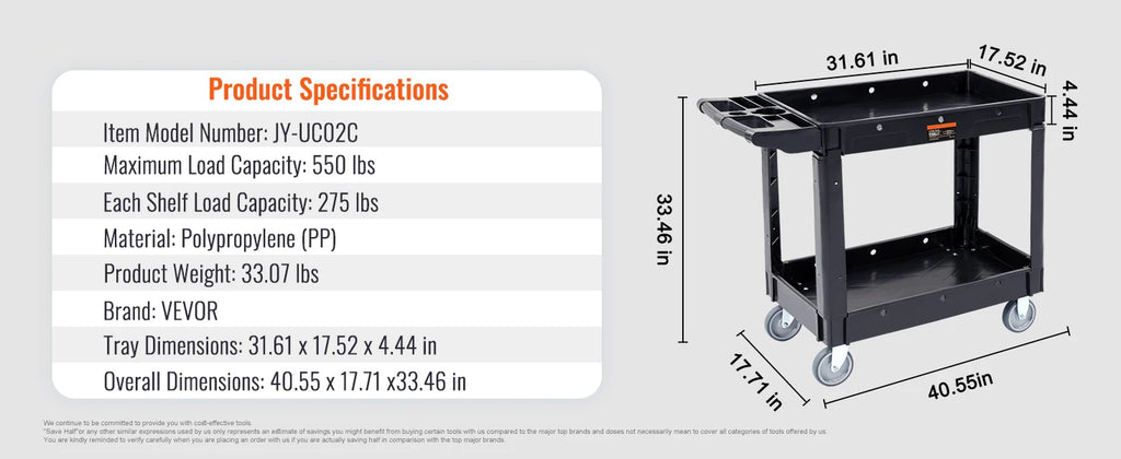 2/3 Shelf Utility Service Cart Dolly with 360° Swivel Wheels Ergonomic Storage Handle for Warehouse/Garage/Cleaning