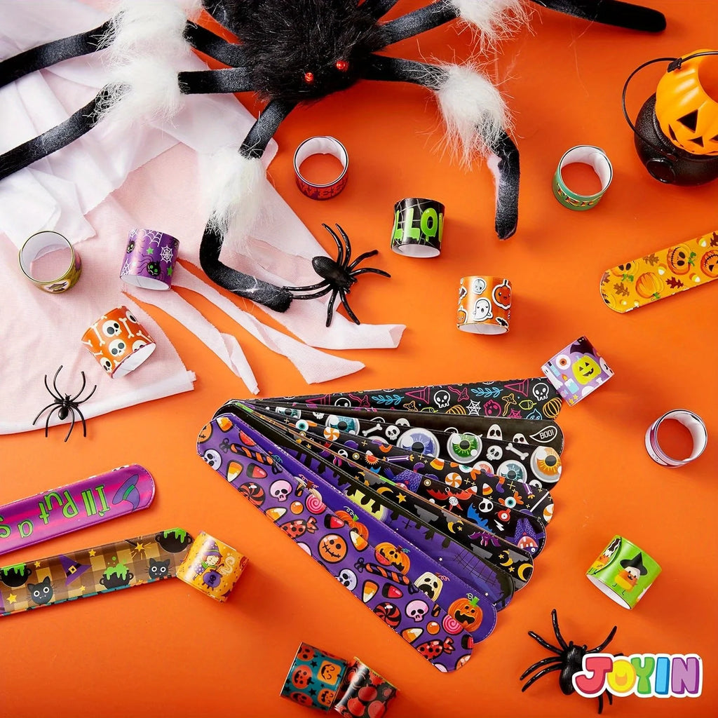 100 PCS Halloween Slap Bracelets for Kids, Halloween Bracelets Bulk for Girls Boys Gifts, Friendship Bracelets Snap Bracelets for Halloween Party Favors Goodie Bag Fillers