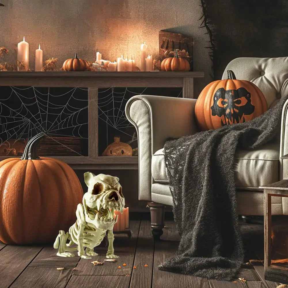 Halloween Skeleton Hound Statue, Spooky Animal Skeleton Decor