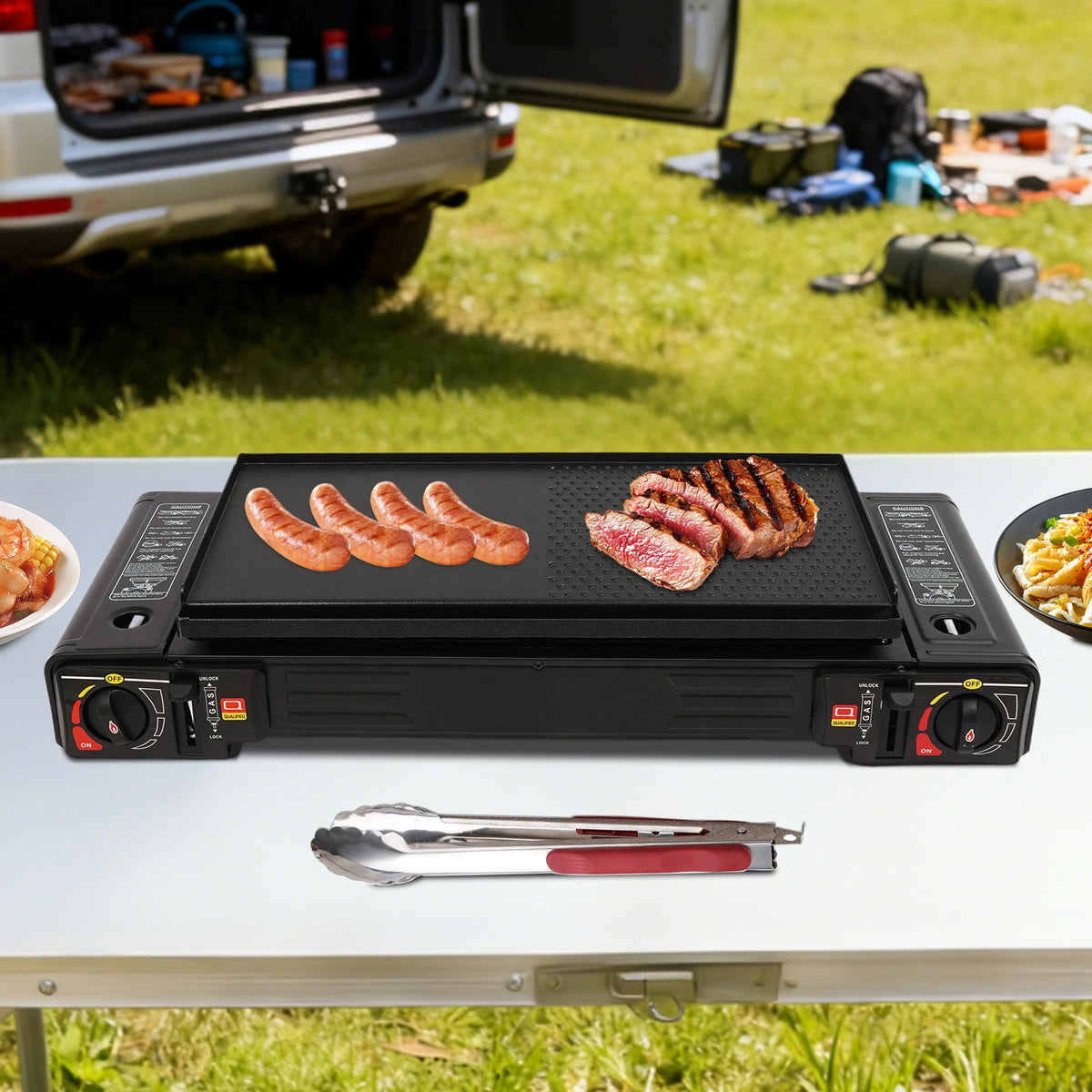 Portable 2-Burner Camping Stove 2.5kW with Auto Ignition, Baking Tray and Carry Case