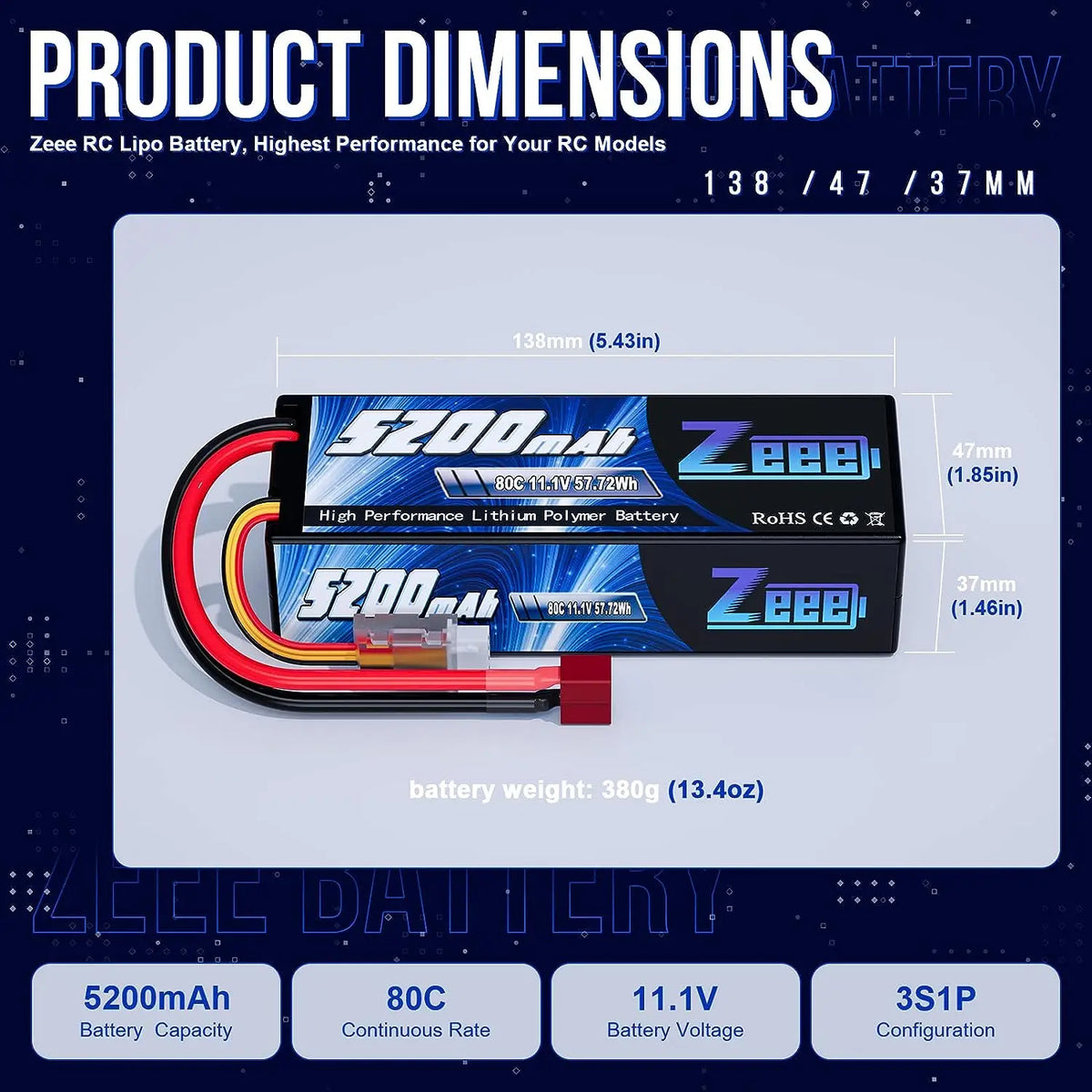 Zeee 11.1V 80C 5200mAh 3S Lipo Battery with Deans Plug Hardcase Battery for RC Car Boat Truck Helicopter Airplane Racing Models