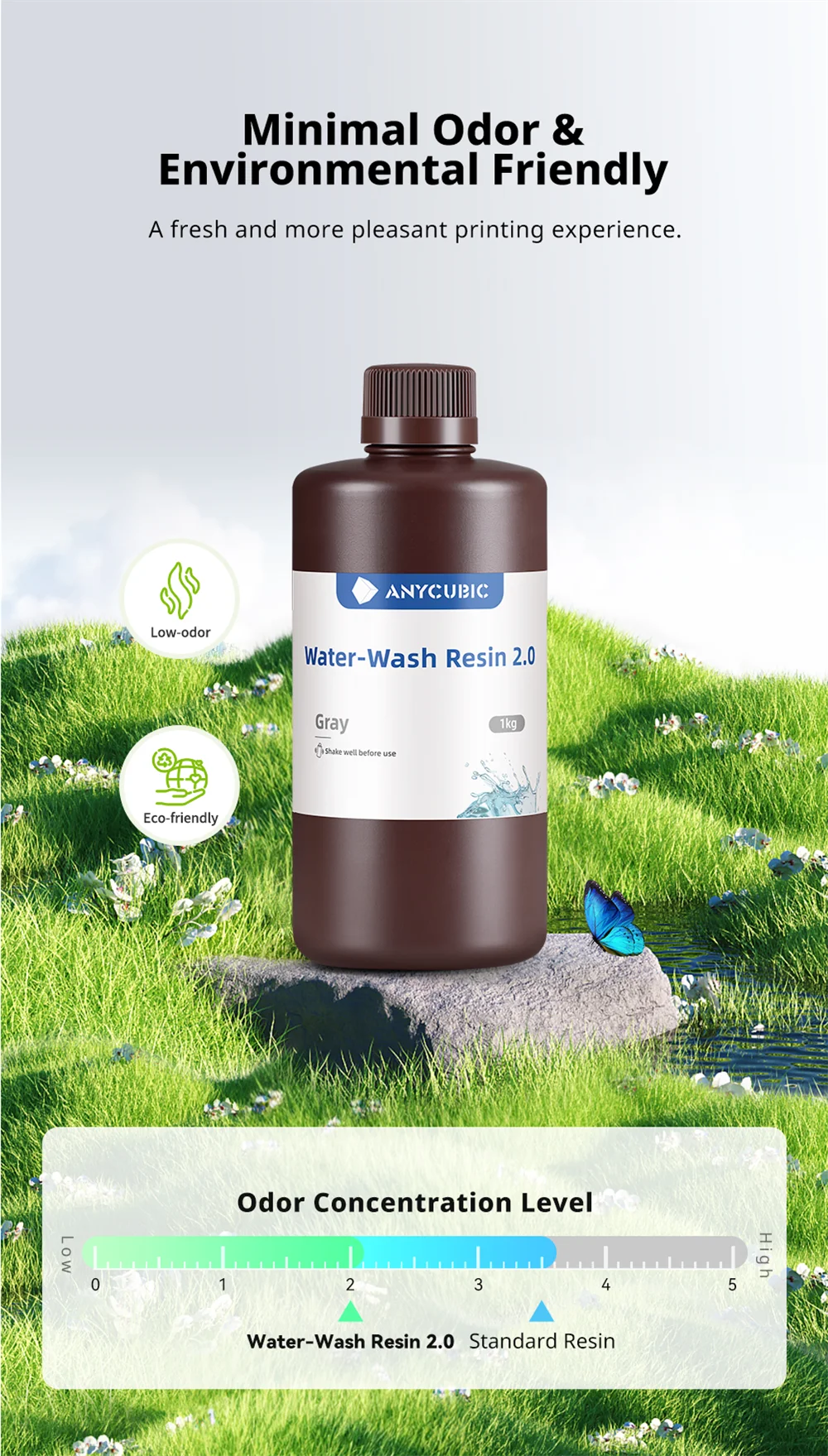 ANYCUBIC Water-Wash Resin for LCD 3D Printers, Low Odor High Precision Photopolymer