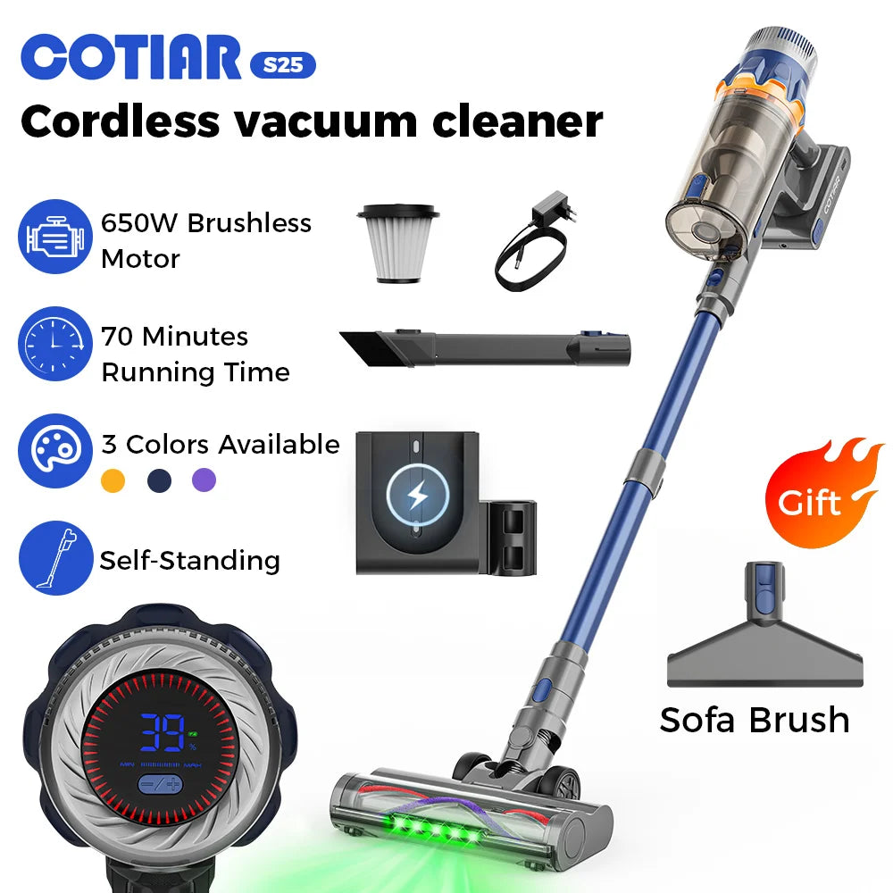 Cotiar 650W 60kPa Vertical Vacuum Cleaner Handheld Home Appliance Cordless Vacuum Cleaner 70 Mins Runtime Multi-functional  S25