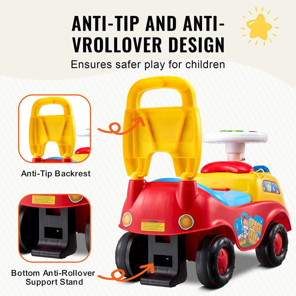 Toddler Ride-On Push Car with Music, Steering Wheel and Under-Seat Storage