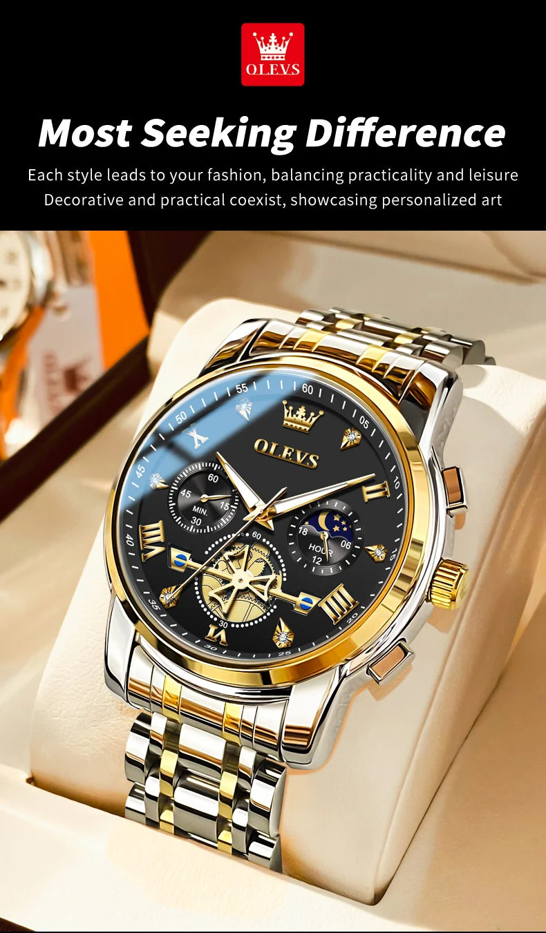 OLEVS Men's Skeleton Chronograph Watch with Moon Phase, Stainless Steel Quartz Wristwatch