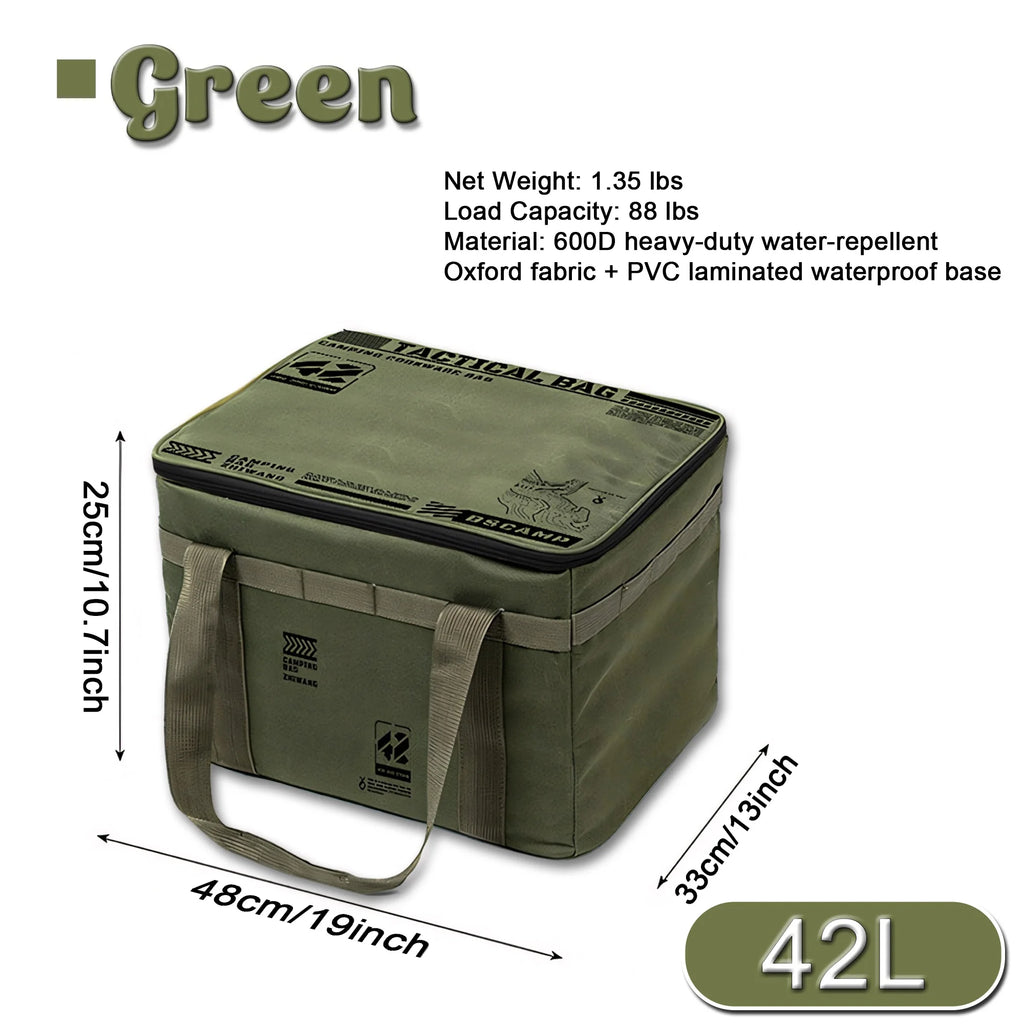 Large Capacity Camping Storage Bag Heavy Duty Water Repellent 600D Oxford Tactical Gear Organizer Foldable Portable Cookware Storage Bin For Car Trunk Hiking Fishing Picnic BBQ Road Trip Outdoor Travel Accessories