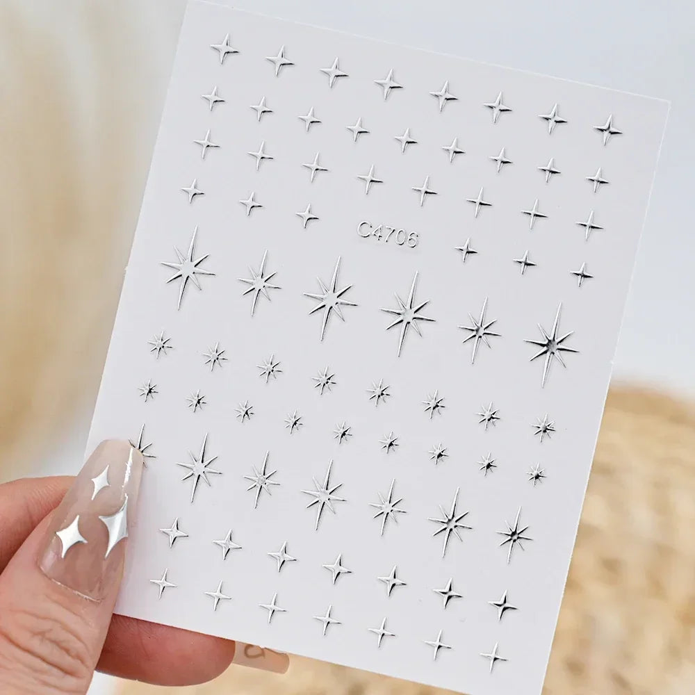 3D Silver Star & Heart Nail Stickers, 6 Sheets