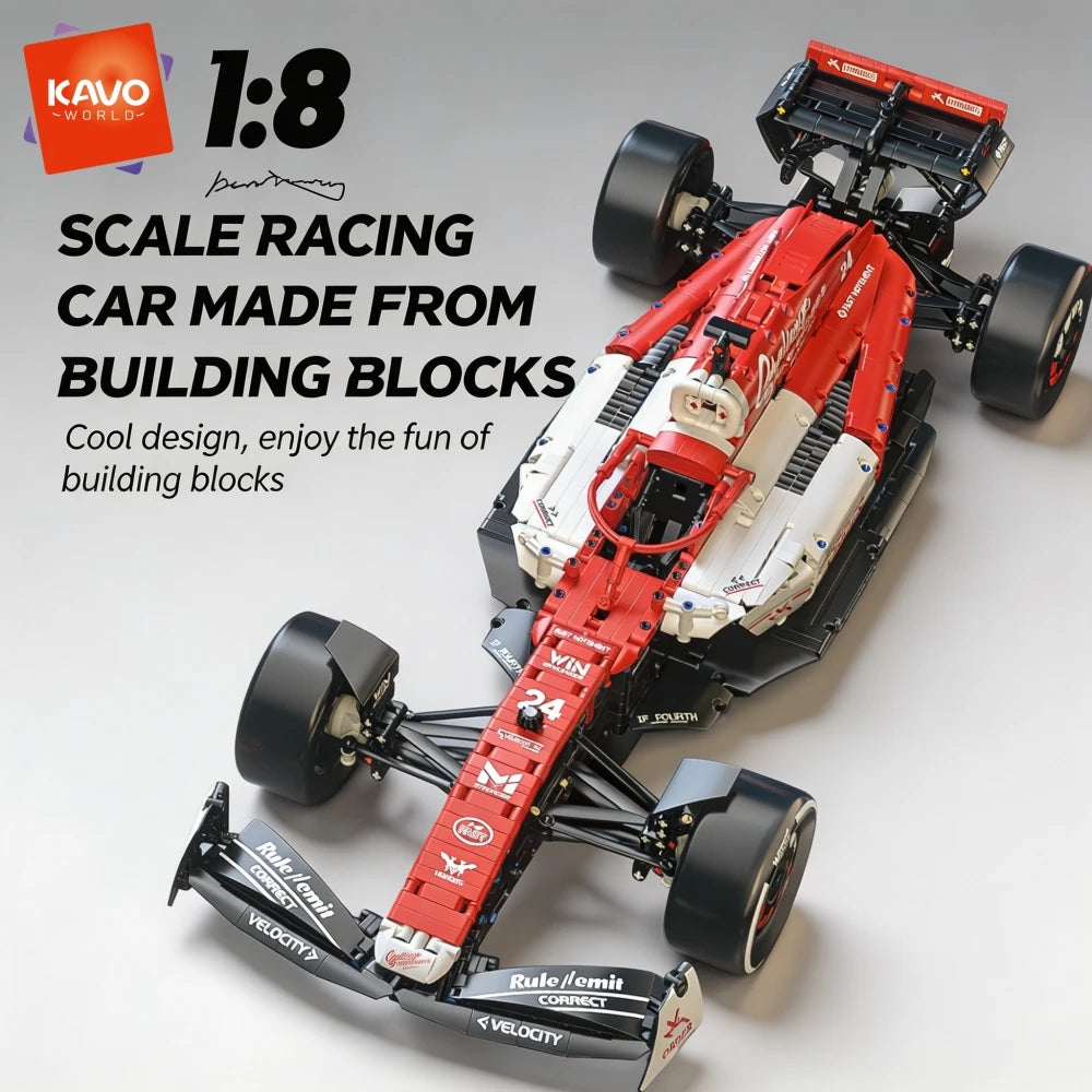 KAVOWORLD 1768pcs 27 Inches Large MOC Sports Race Car Building Blocks Set DIY Formula Red & White City Racing Car Bricks Model Kit 1:8 Construction Collection Ornament Building Toys with Realistic Suspension Steering Cockpit