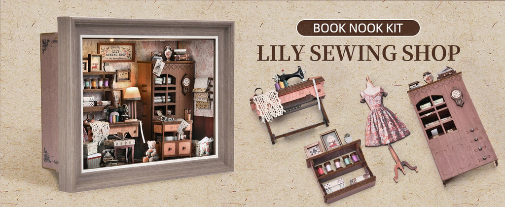 DIY Book Nook Kit, Tailor's Shop 3D Wooden Bookshelf Insert