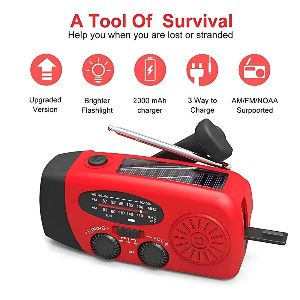 Solar Hand Crank Radio Portable Emergency Weather Alert Device with 2000mAh Power Bank and LED Flashlight Ideal for Home Blackout Severe Weather