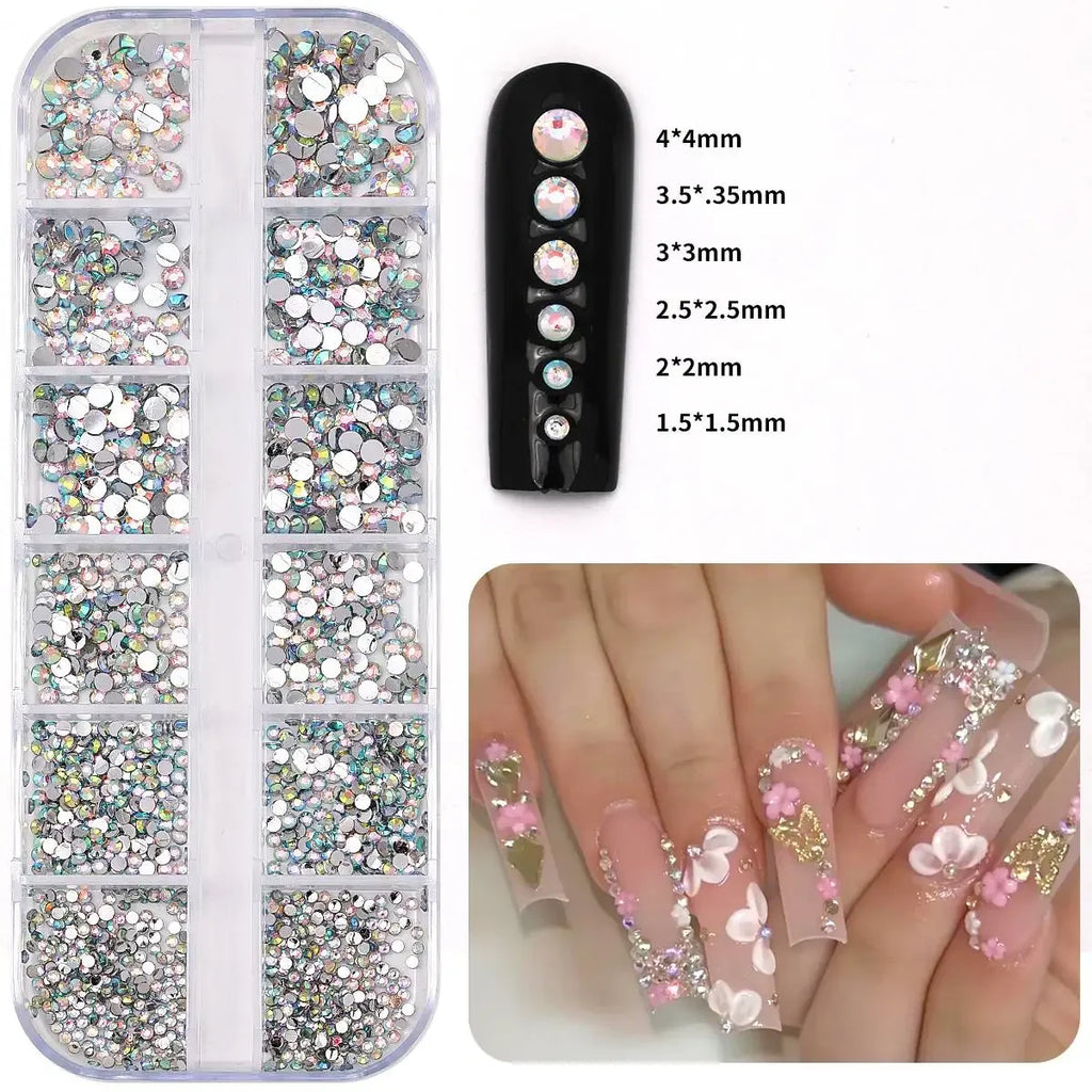 12Gird 3D Glass AB Crystal Nail Art Rhinestones Kit Flatback Round Bead Charm Gem Stones Jewelry Diamond with Tools for Nail Art