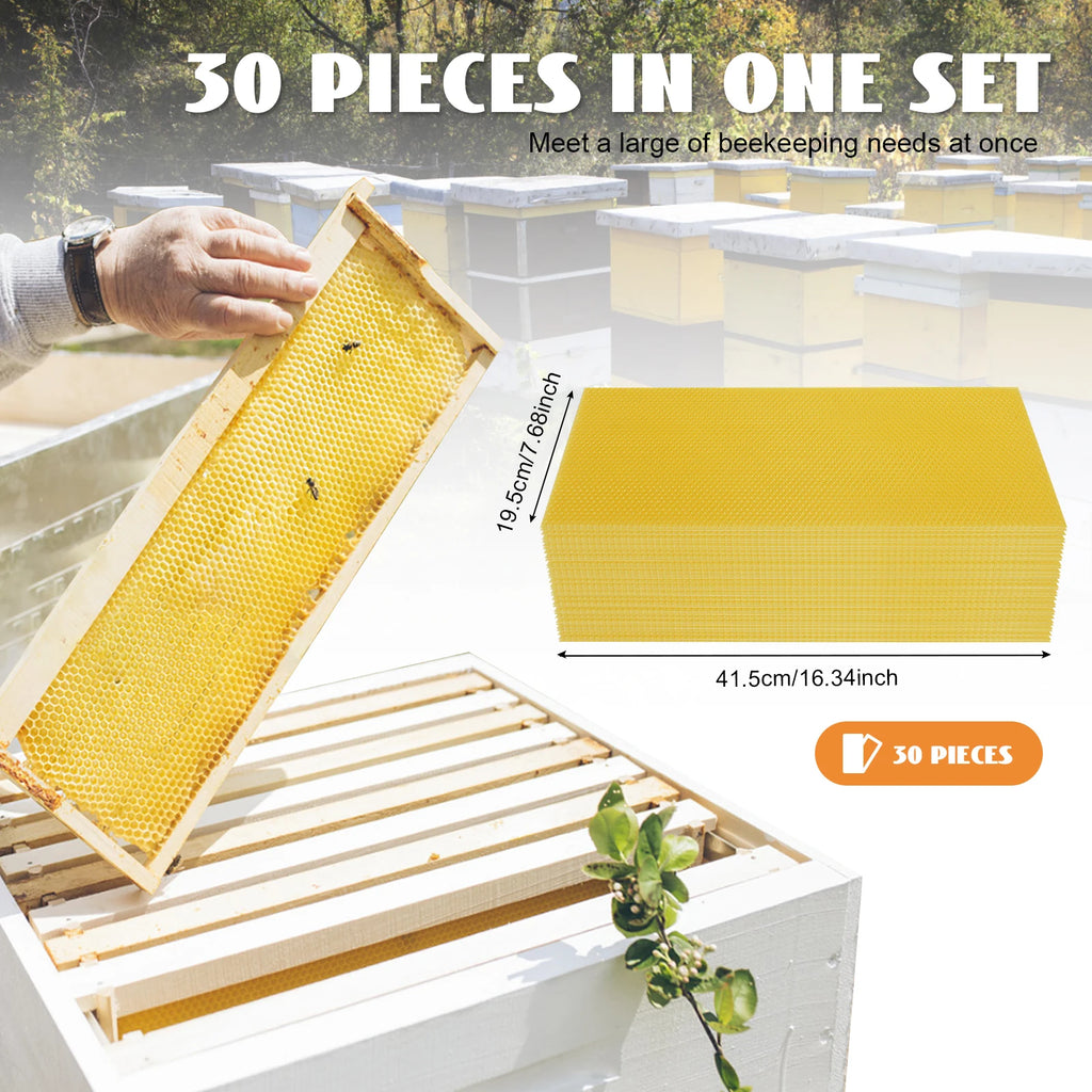 30-Pack Beeswax Foundation Sheets Natural Beeswax Hive Foundations Beekeeper's Starter Kit 7.68x16.34" Beekeeping Sheets for Increased Honey Production