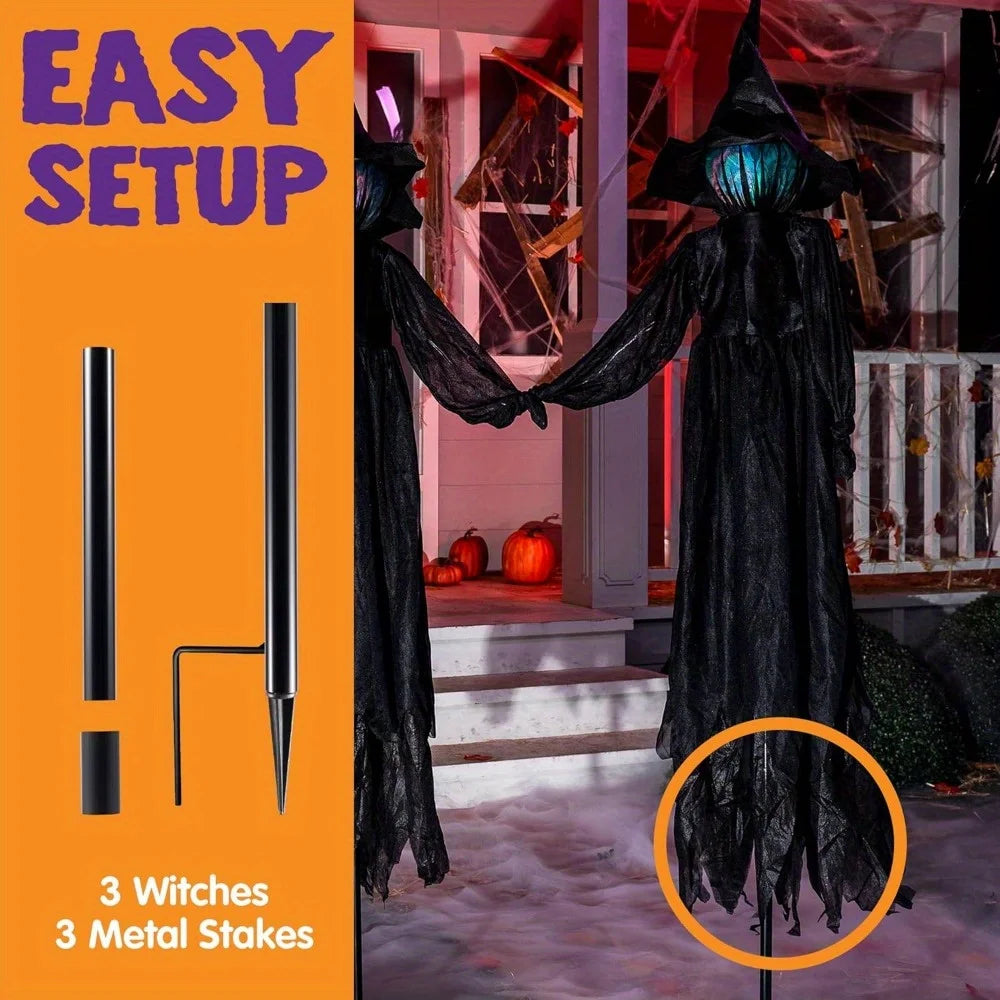 Halloween 51 in Light-Up Flying Witch Yard Stakes, Sound Activated, 3 Pack