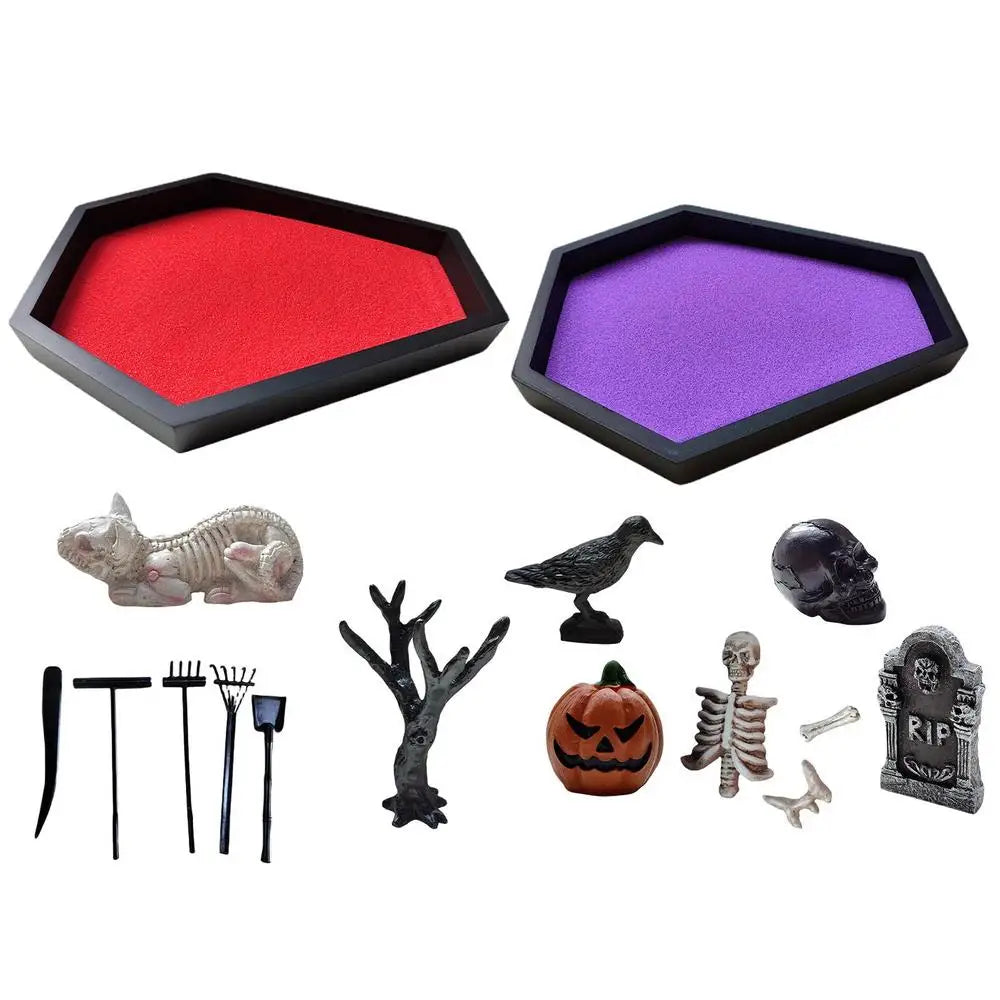 Halloween Coffin Sand Tabletop Decor, Gothic Mini Sand Tray Kit with Skull