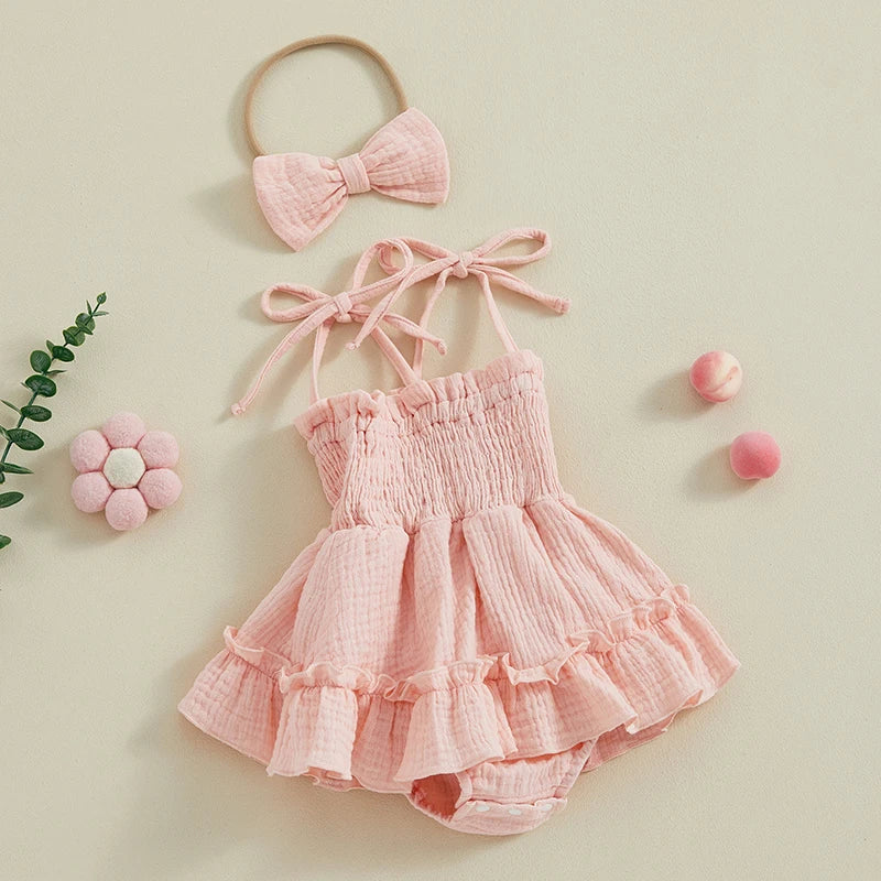 Newborn Baby Girl Summer Romper Dress, Sleeveless Tie-Strap Jumpsuit