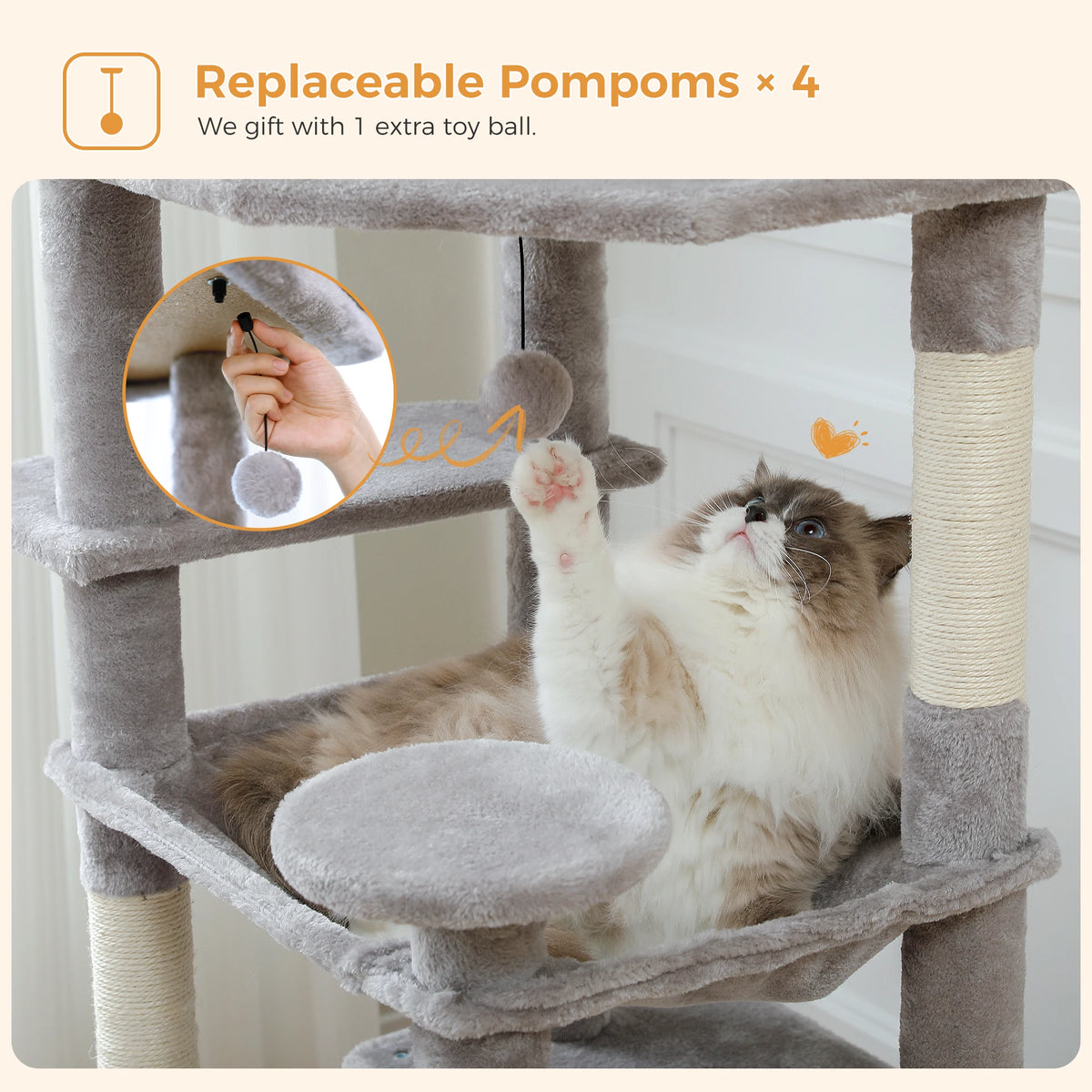 Multi-Level Cat Tree Tower with Scratching Posts&Board, Hammock, Cat Condo, Spacious Top Perch,Dangling Balls for Indoor Cats