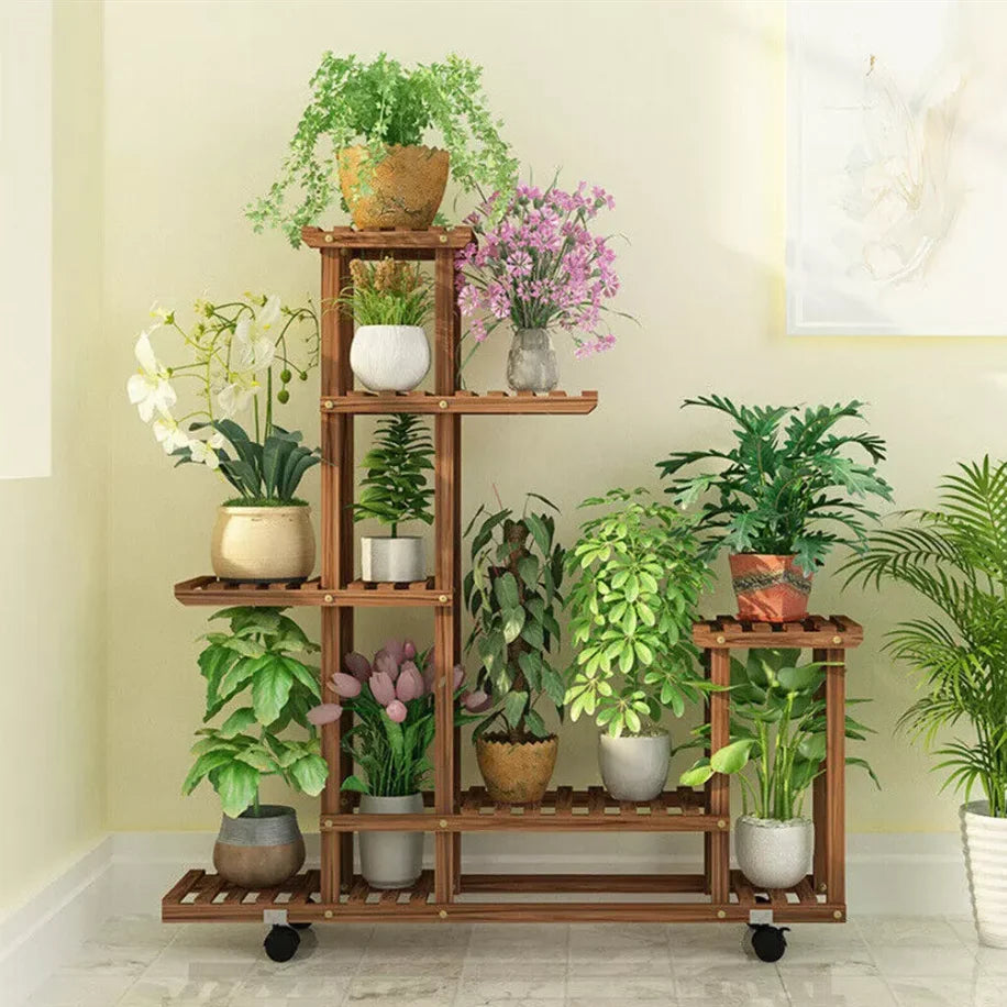 Rolling Multi-Layer Wood Plant Stand with Wheels