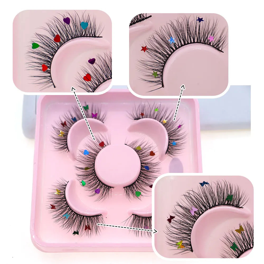 3 Pairs Set Star Butterfly Heart Shaped Sequin False Eyelashes Fairy Wand Party Halloween Christmas Colorful Sequin Eyelashes